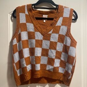 Belle Du Jour V-Neck Checkered Sweater Vest in Orange and White